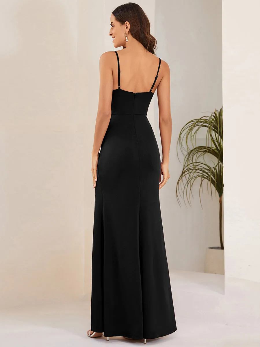 Spaghetti Straps Side Split Pleated Evening Dresses