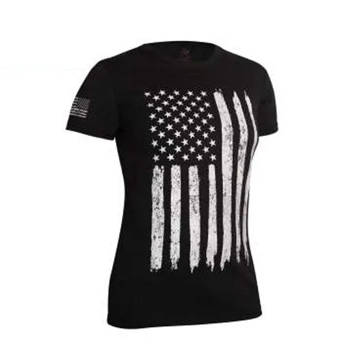 T-Shirt: Womens Distressed US Flag, Long Style