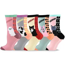 TeeHee Socks Women's Novelty Cotton Crew Cat Meow 5-Pack (11990)