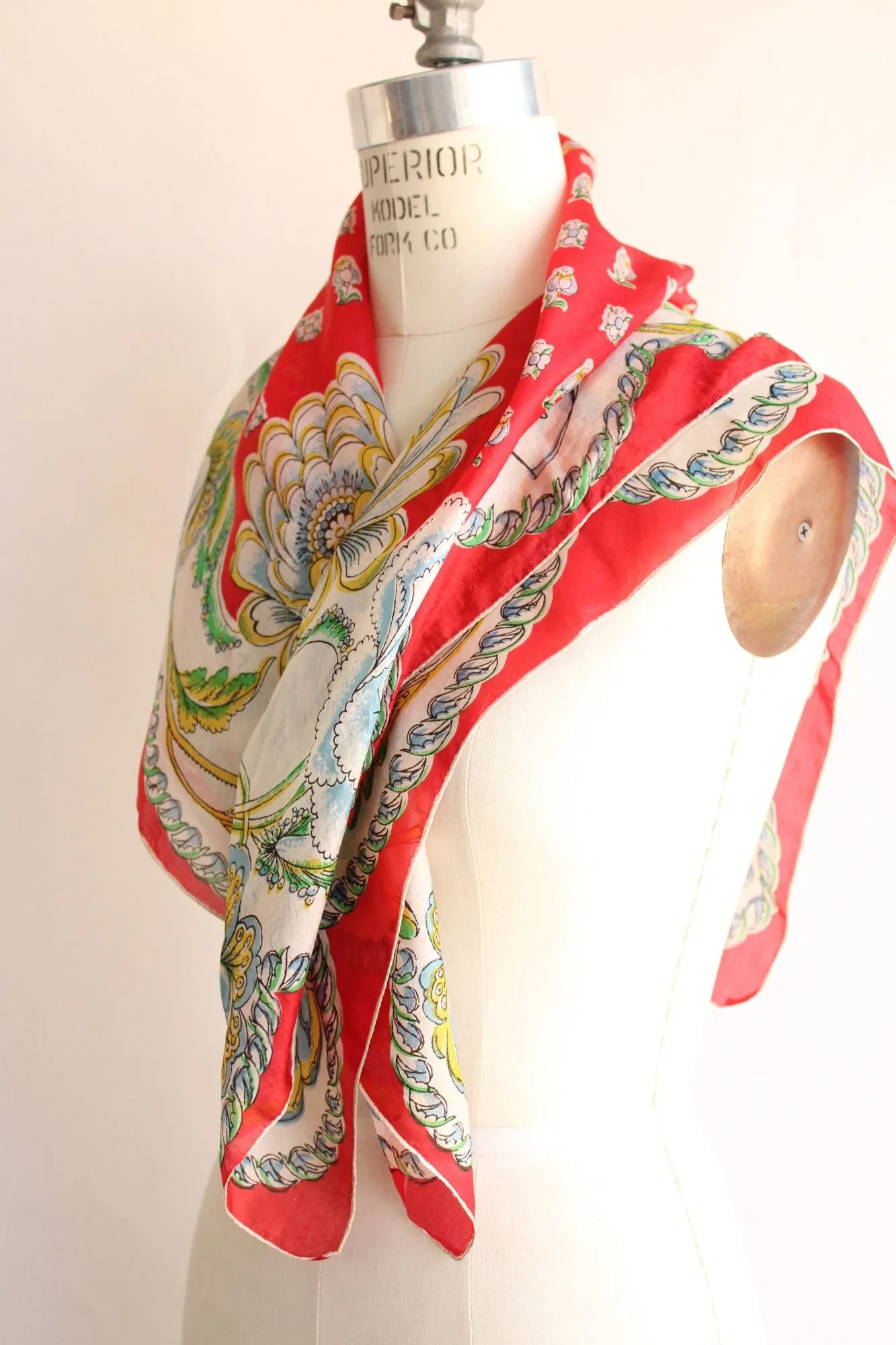 Vintage 1940s 1950s Red Blue Green Yellow Floral Print Silk Scarf