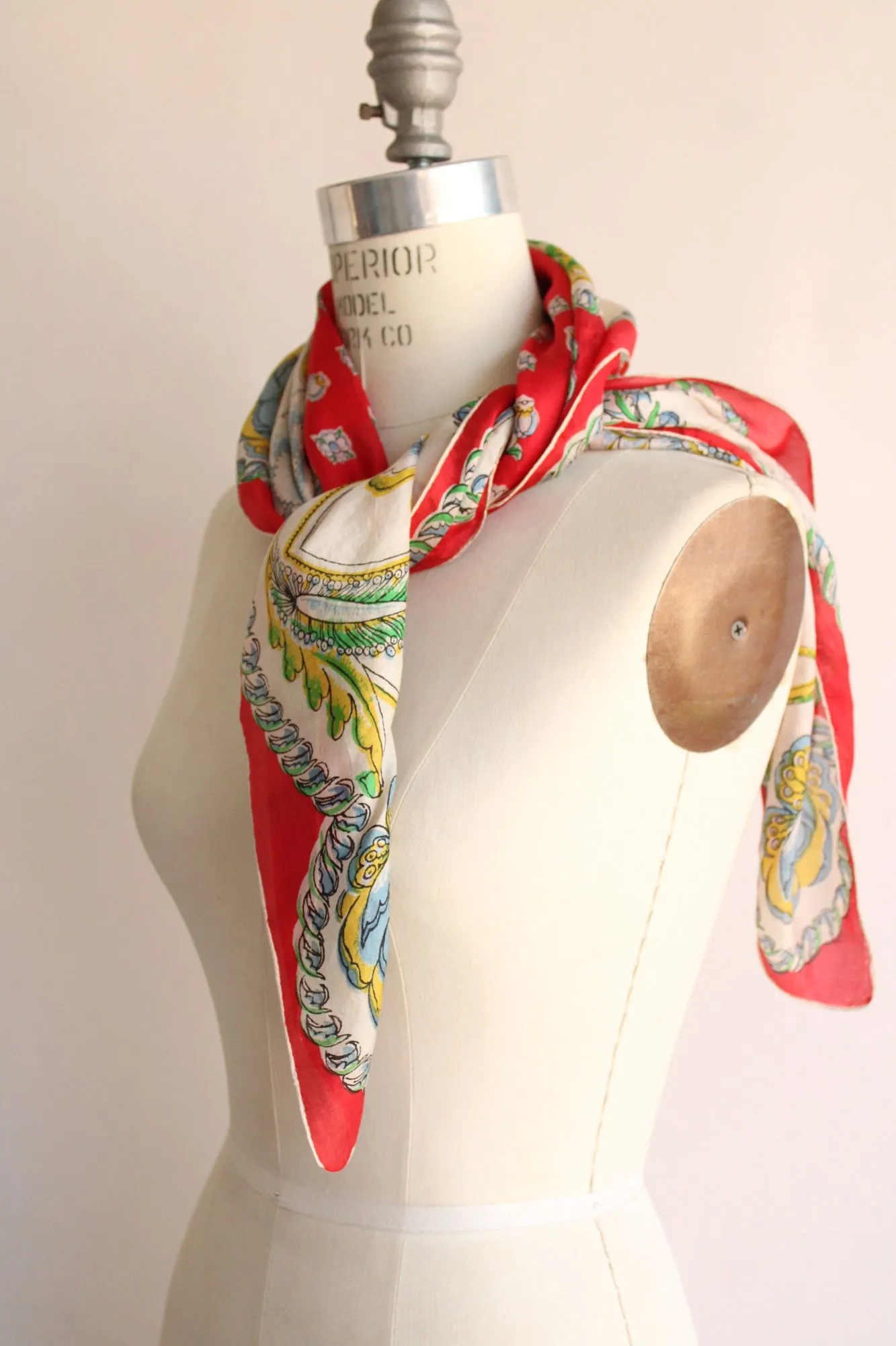 Vintage 1940s 1950s Red Blue Green Yellow Floral Print Silk Scarf