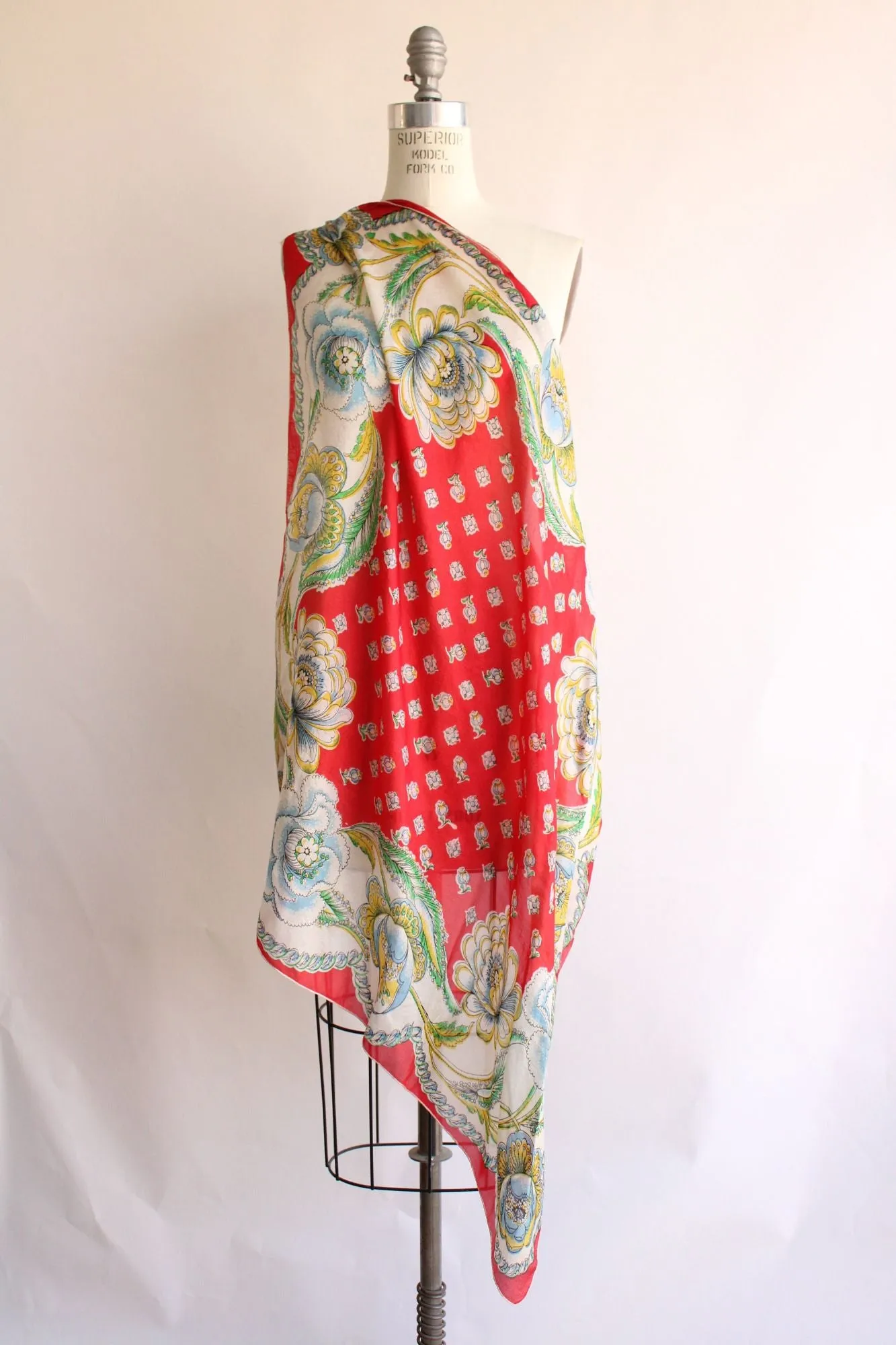 Vintage 1940s 1950s Red Blue Green Yellow Floral Print Silk Scarf