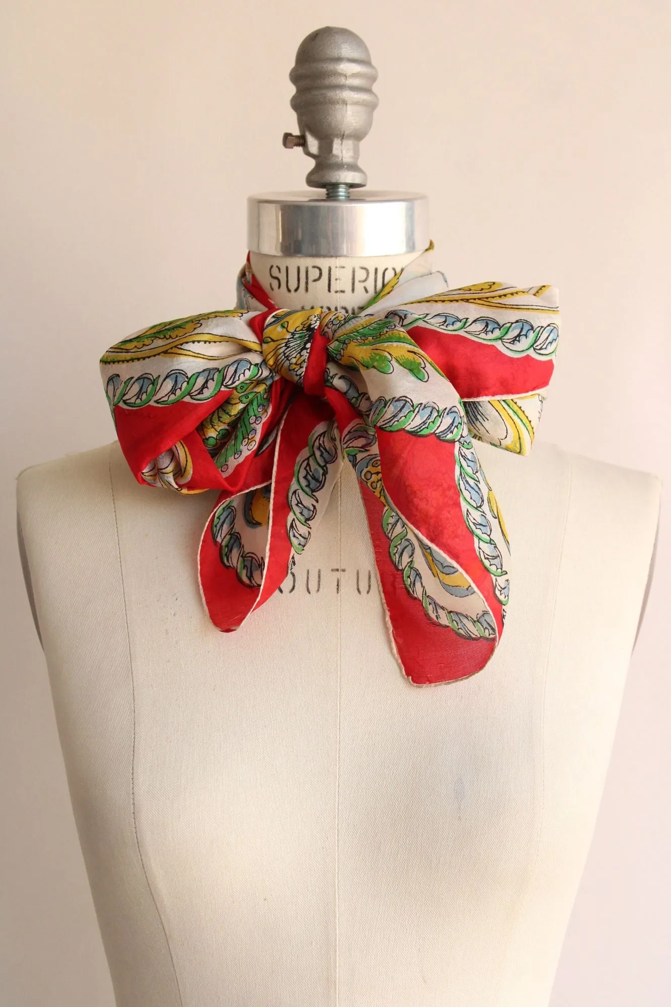 Vintage 1940s 1950s Red Blue Green Yellow Floral Print Silk Scarf