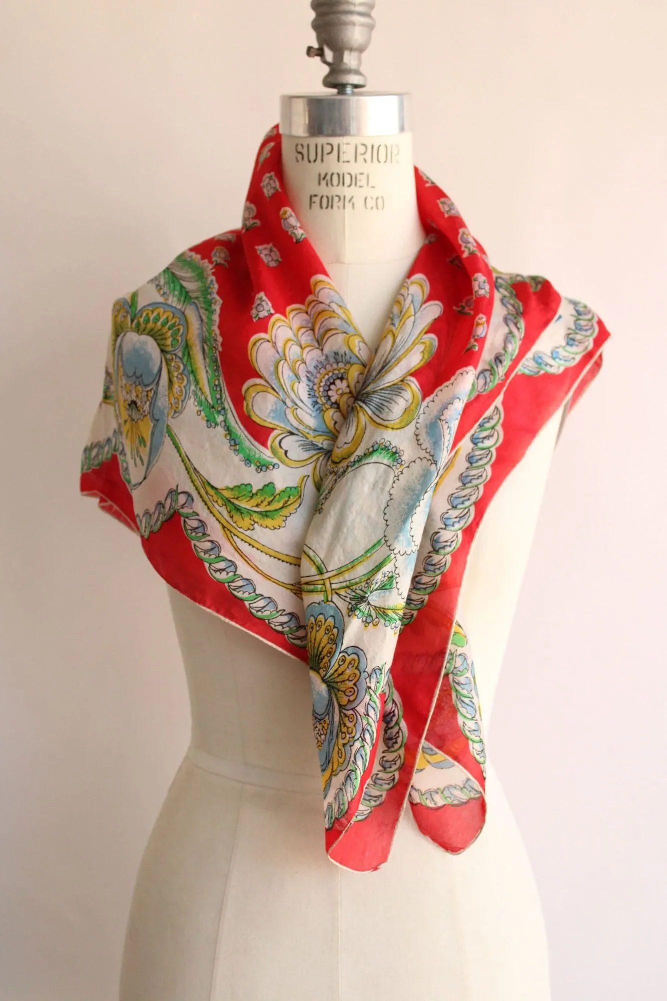 Vintage 1940s 1950s Red Blue Green Yellow Floral Print Silk Scarf