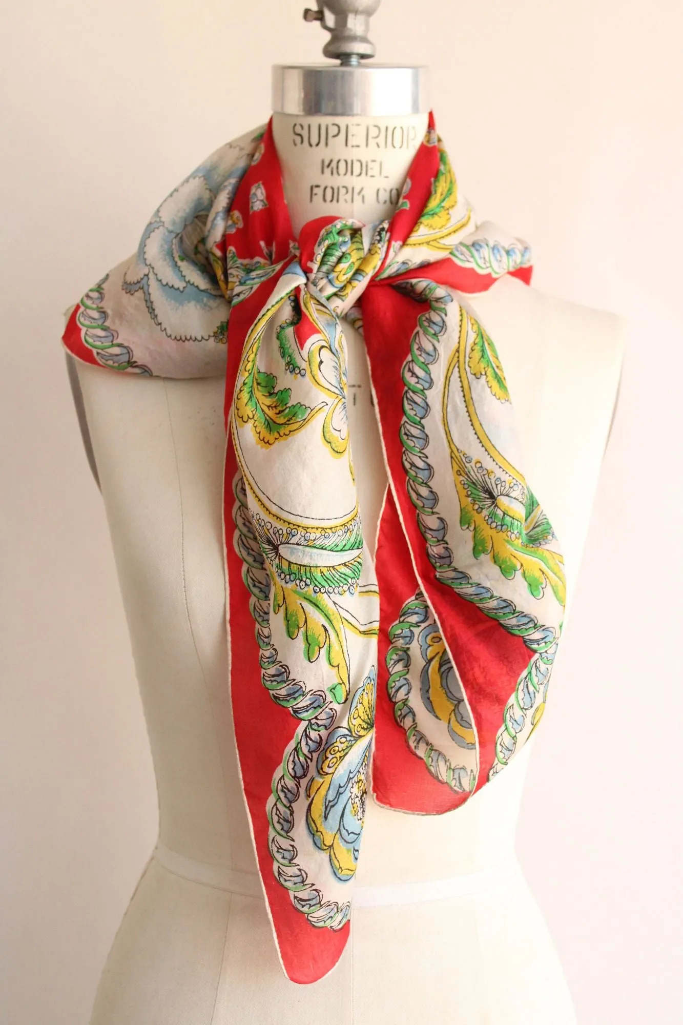 Vintage 1940s 1950s Red Blue Green Yellow Floral Print Silk Scarf