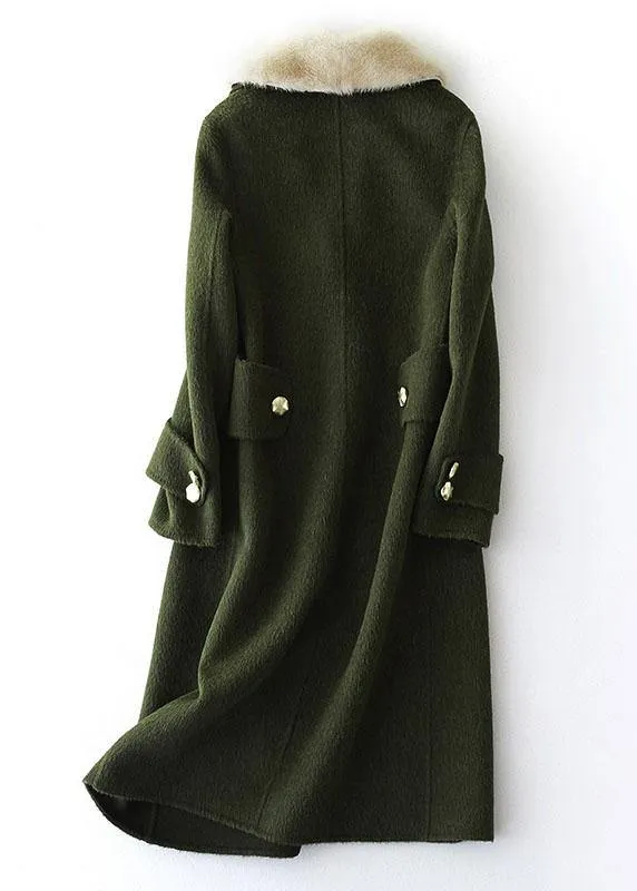 vintage army green Woolen Coats oversized trench coat fur collar women coats Notched