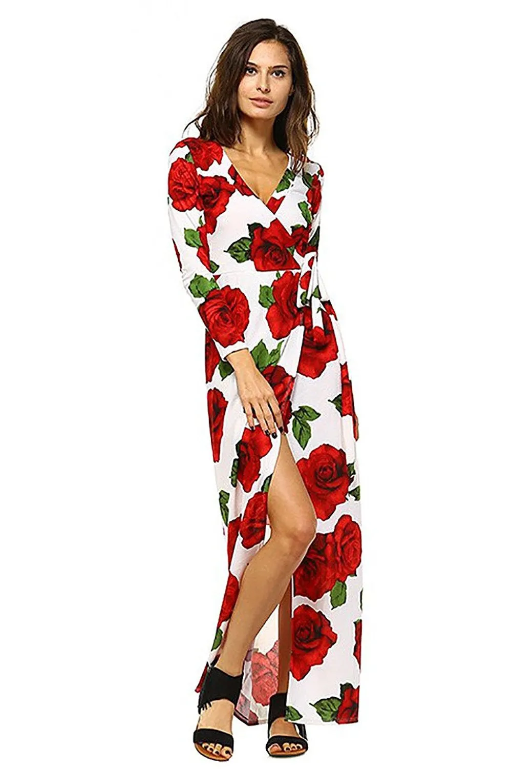 White Floral Rose Long Sleeve Maxi Dress with Slit U.S.A