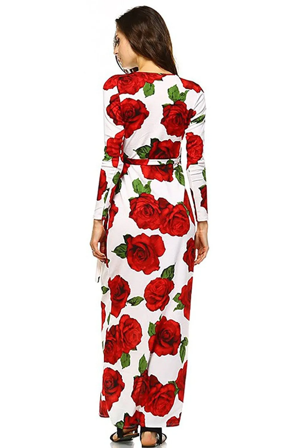 White Floral Rose Long Sleeve Maxi Dress with Slit U.S.A